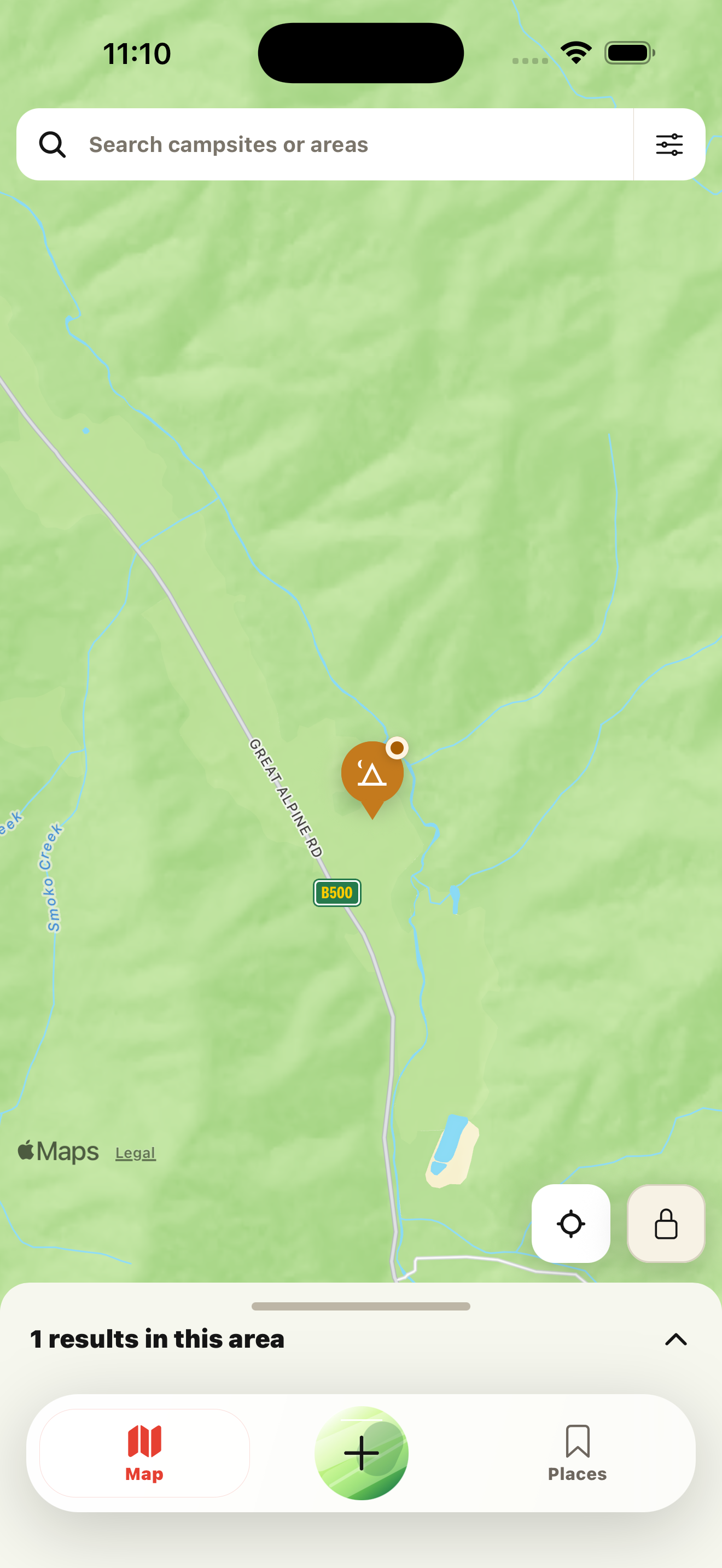 Billy Camp app showing the map and nearby camps