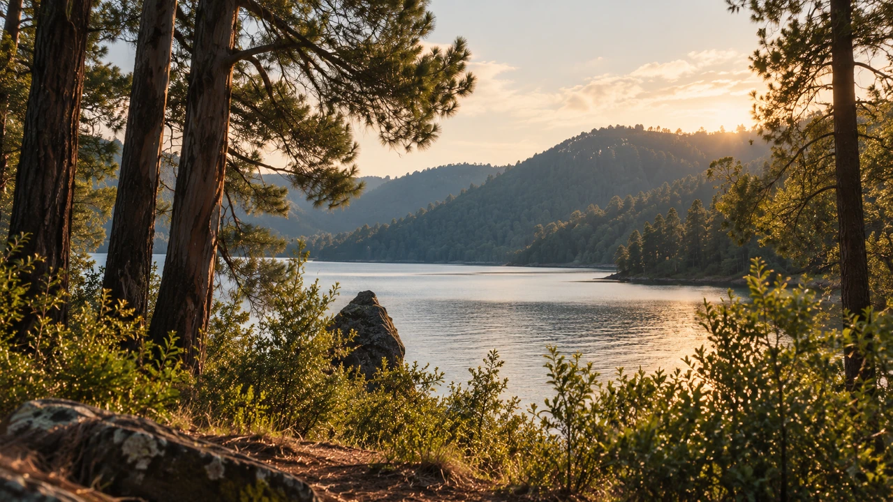 A tree-framed lake in warm afternoon light